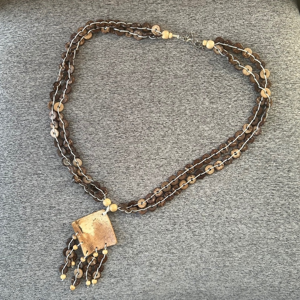 Necklace Brown Bead w/ Square Pendant